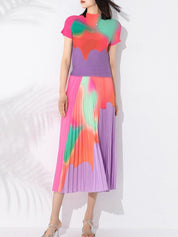 Summer Pleated Two Piece Sets For Women Short Sleeve Mock Neck Contrast Color Tops Elegant Elastic Waist Skirt - plusminusco.com