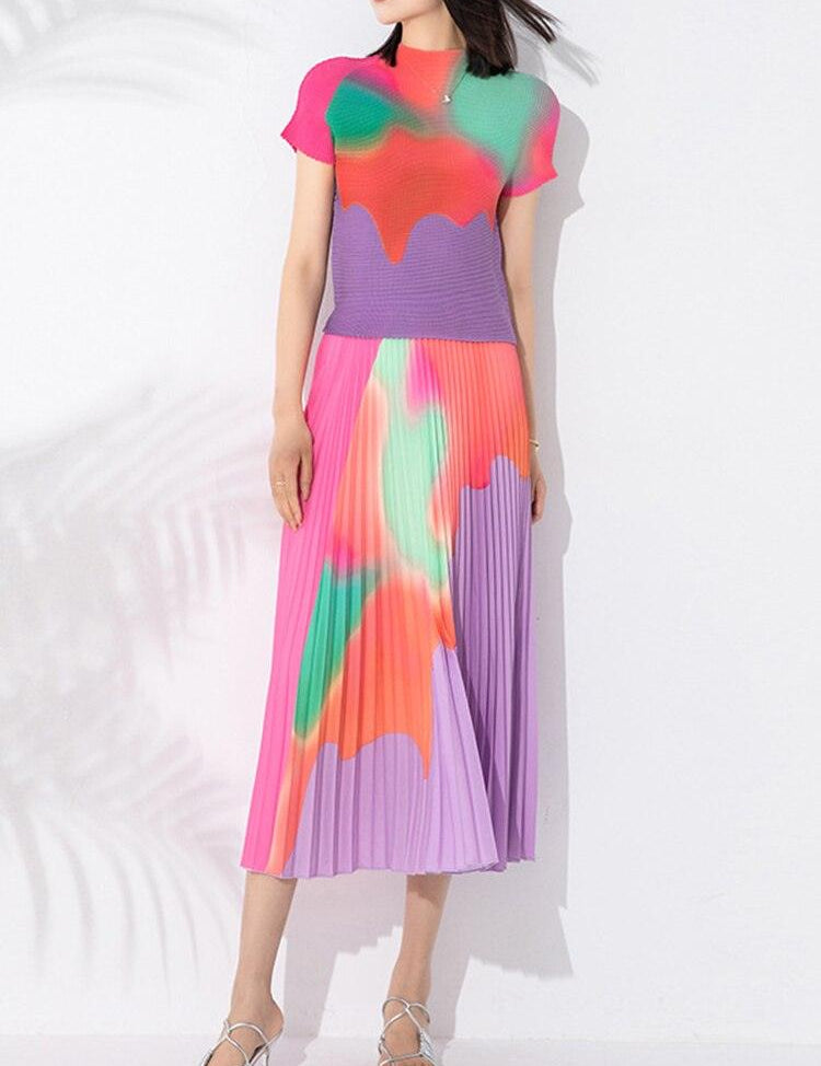 Summer Pleated Two Piece Sets For Women Short Sleeve Mock Neck Contrast Color Tops Elegant Elastic Waist Skirt - plusminusco.com