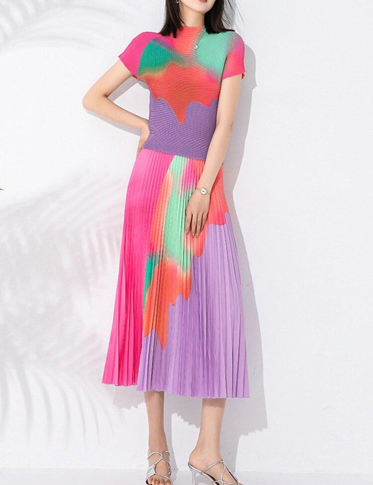Summer Pleated Two Piece Sets For Women Short Sleeve Mock Neck Contrast Color Tops Elegant Elastic Waist Skirt - plusminusco.com