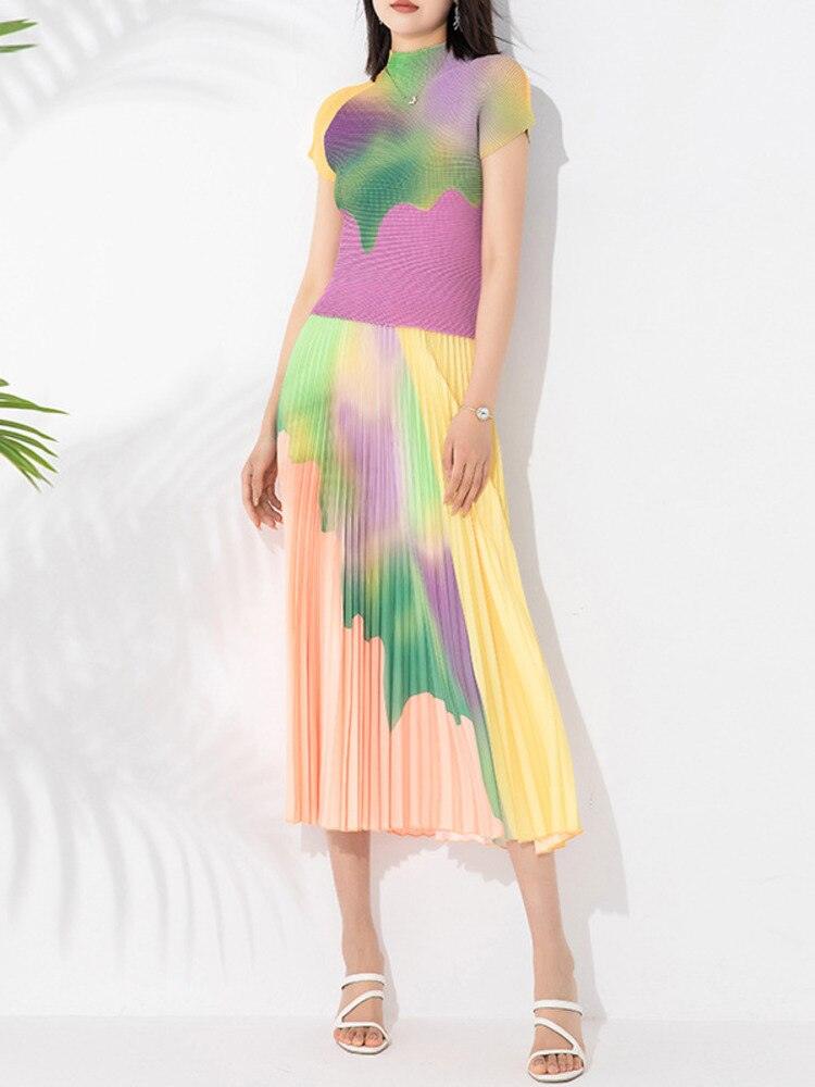 Summer Pleated Two Piece Sets For Women Short Sleeve Mock Neck Contrast Color Tops Elegant Elastic Waist Skirt - plusminusco.com