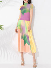 Sommer plisserede sæt i to dele til kvinder, kortærmet mock-hals, kontrastfarve toppe Elegant elastisk talje-nederdel - plusminusco.com