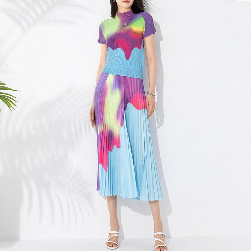 Summer Pleated Two Piece Sets For Women Short Sleeve Mock Neck Contrast Color Tops Elegant Elastic Waist Skirt - plusminusco.com