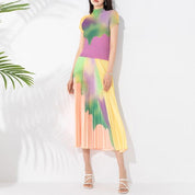 Summer Pleated Two Piece Sets For Women Short Sleeve Mock Neck Contrast Color Tops Elegant Elastic Waist Skirt - plusminusco.com