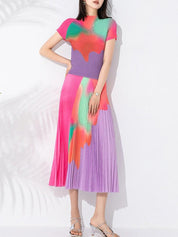 Summer Pleated Two Piece Sets For Women Short Sleeve Mock Neck Contrast Color Tops Elegant Elastic Waist Skirt - plusminusco.com