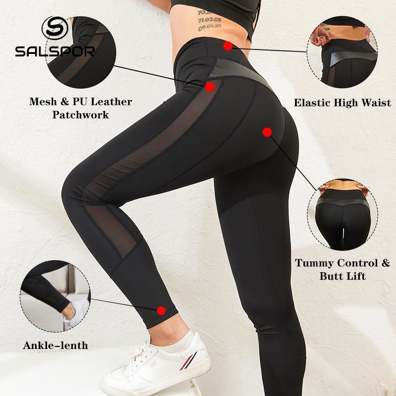 Todelte kombinationsleggings til kvinder Sexet mesh PU-læder Fitness Push Up Gym Slanke, højtaljede leggings Træning Kvinde - plusminusco.com
