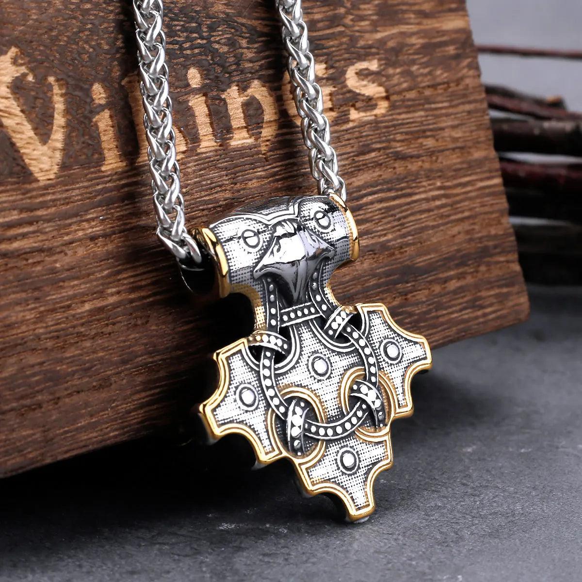 Vintage Viking Odin Raven Mjolnir Thor's Hammer Necklace nordic jewelry - plusminusco.com