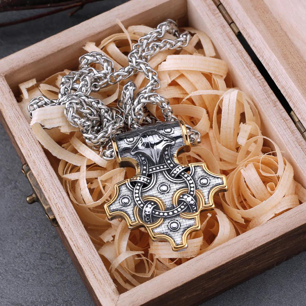 Vintage Viking Odin Raven Mjolnir Thor's Hammer Necklace nordic jewelry - plusminusco.com