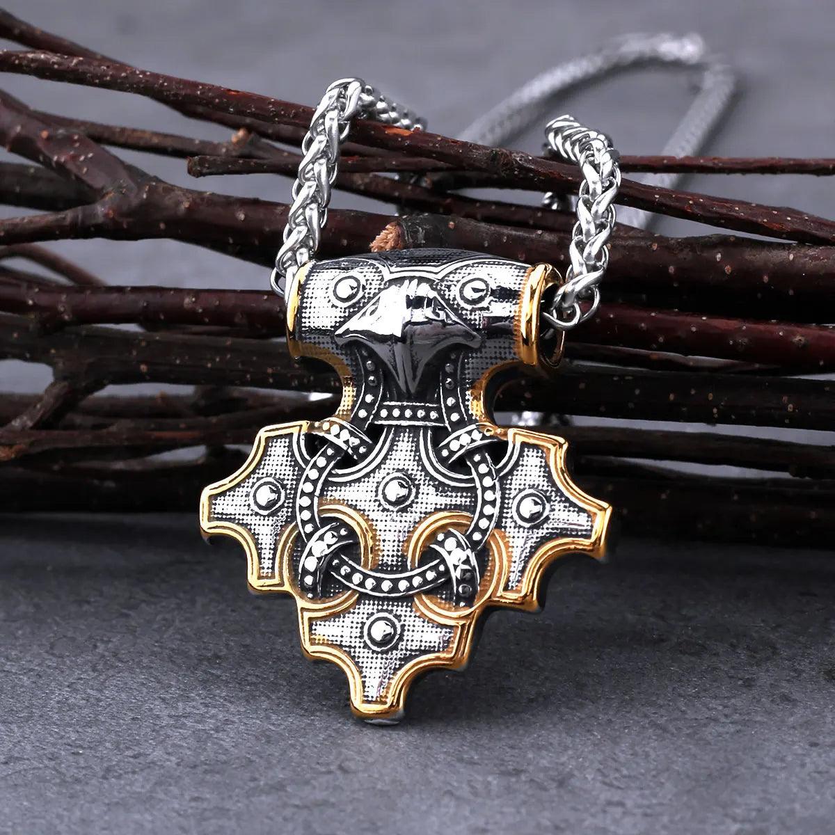 Vintage Viking Odin Raven Mjolnir Thor's Hammer Necklace nordic jewelry - plusminusco.com