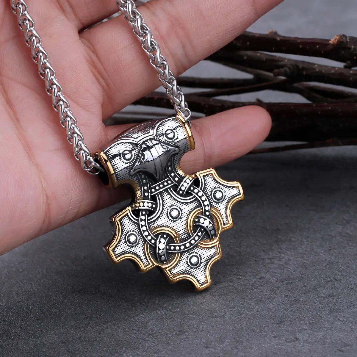 Vintage Viking Odin Raven Mjolnir Thor's Hammer Necklace nordic jewelry - plusminusco.com
