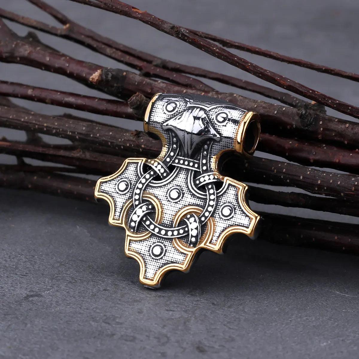 Vintage Viking Odin Raven Mjolnir Thor's Hammer Necklace nordic jewelry - plusminusco.com