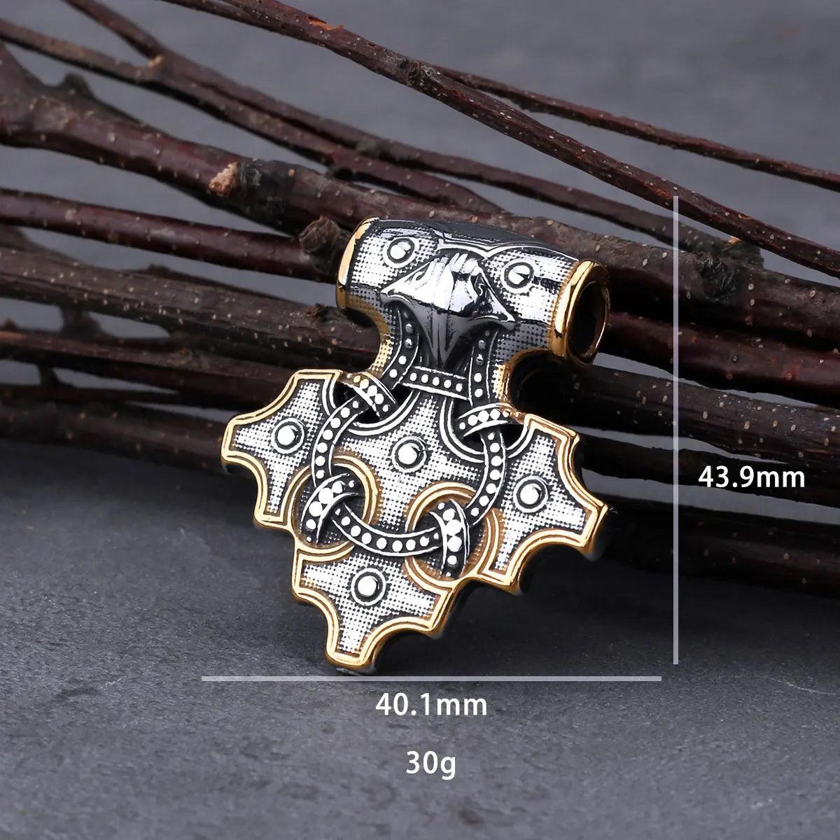 Vintage Viking Odin Raven Mjolnir Thor's Hammer Necklace nordic jewelry - plusminusco.com