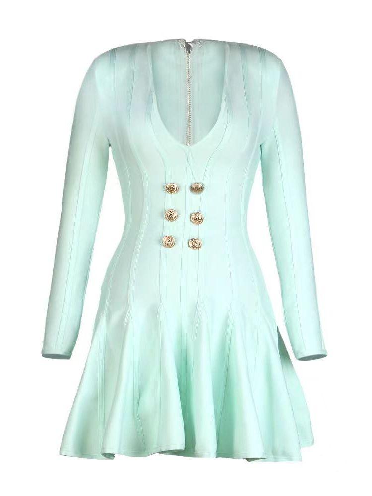 Women's V-neck Bandage Dress A-line Sexy Long Sleeve Button Club Celebrity Elegant Evening Mini Party Dress - plusminusco.com