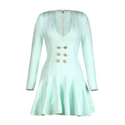 Women's V-neck Bandage Dress A-line Sexy Long Sleeve Button Club Celebrity Elegant Evening Mini Party Dress - plusminusco.com