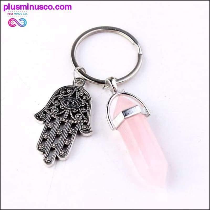 1 PC Natural Quartz Evil Eye Fatima Pink Crystal Nyckelring - plusminusco.com