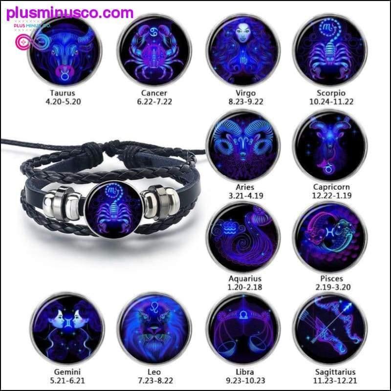 Pulsera de cuero trenzado negro con signos del zodíaco de las 12 constelaciones - plusminusco.com