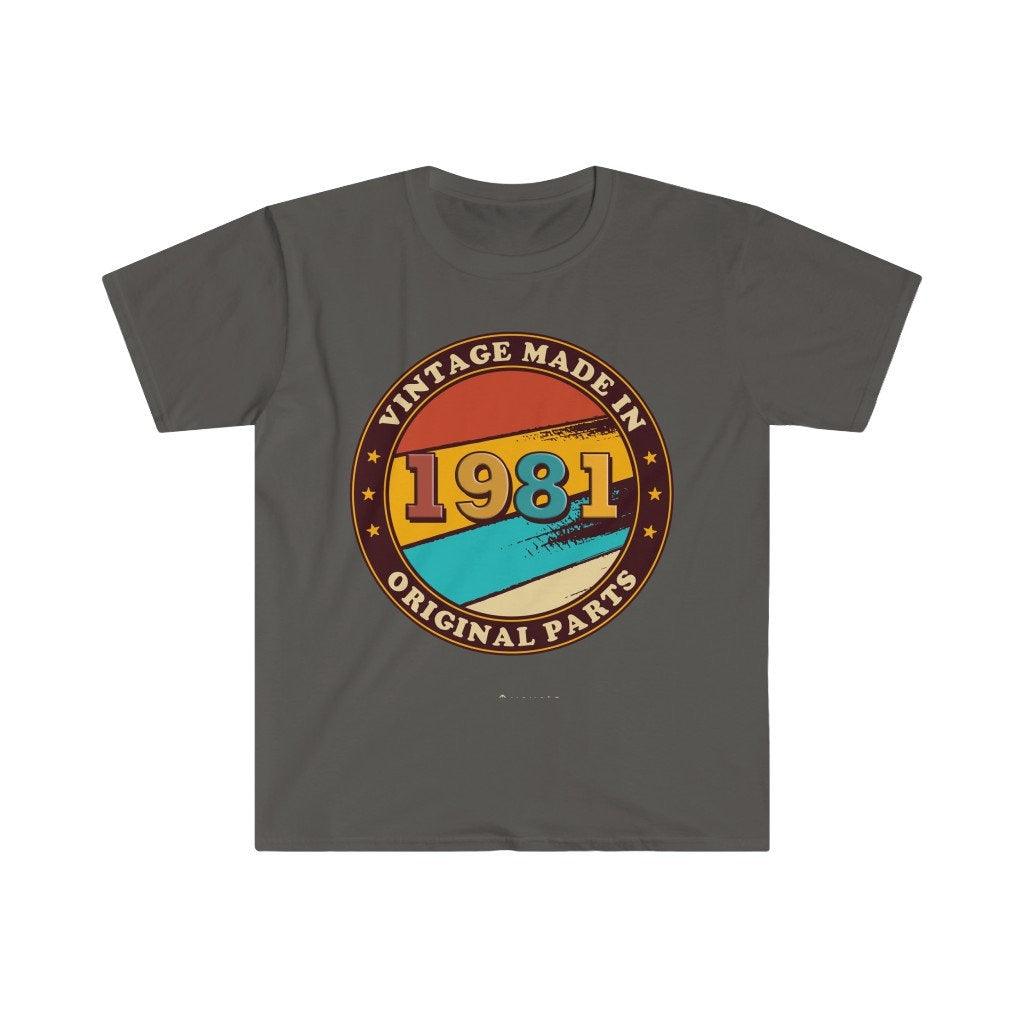 1981 m. vintažiniai gimtadienio marškinėliai, juokingi 80-ųjų retro stiliaus grafiniai marškinėliai, 1981 m. originalios senovinės detalės, vintažinė gimtadienio dovana – plusminusco.com
