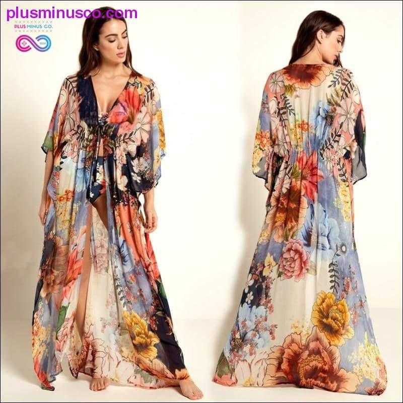 2020 Veelkleurige Boheemse lange kimono met bloemenprint - plusminusco.com
