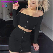 2020 Sexy Off Shoulder Two Piece Set Solid Button Bodycon 2 - plusminusco.com
