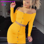 2020 Sexy Off Shoulder Two Piece Set Solid Button Bodycon 2 - plusminusco.com