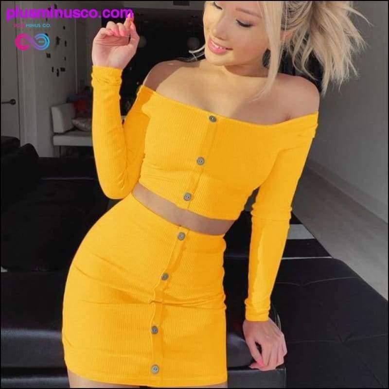 2020 Sexy Off Shoulder Two Piece Set Solid Button Bodycon 2 - plusminusco.com