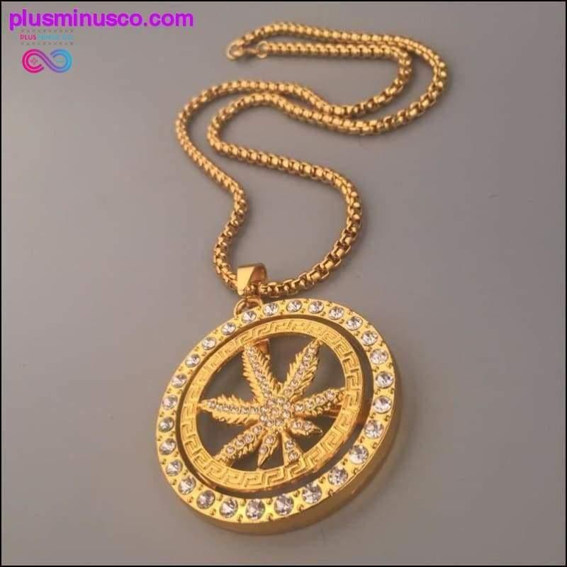 24K Golden Iced Weed Leaf Rhinestone Pendant Chain Necklace - plusminusco.com