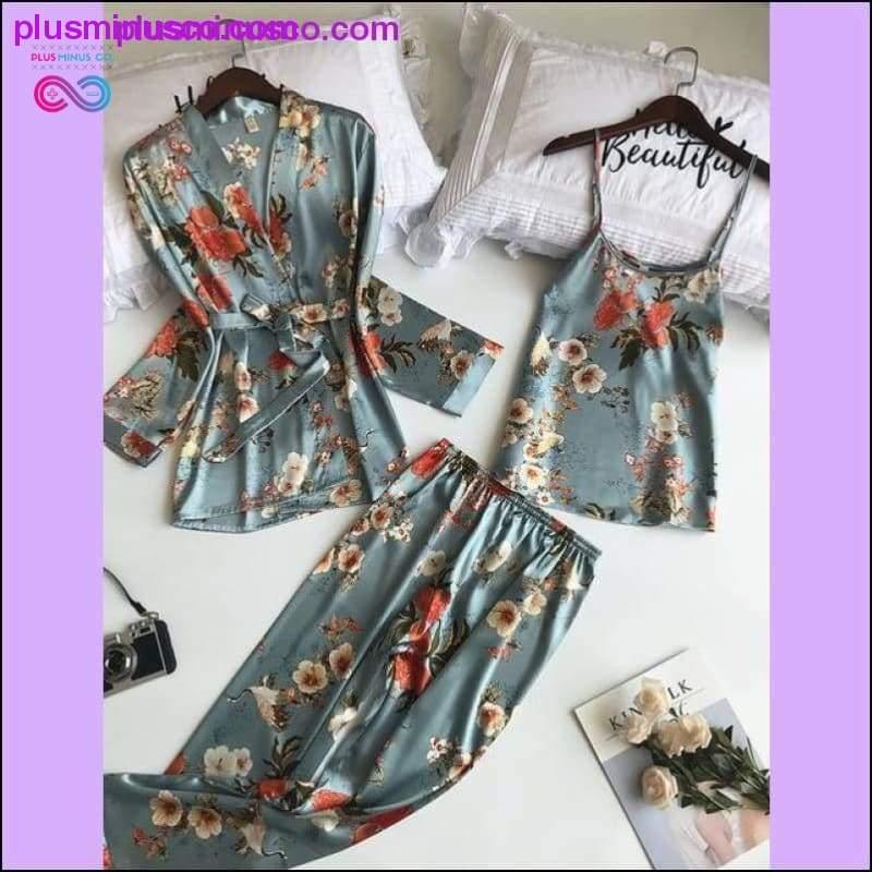Conjuntos de batas de mujer con estampado de 3 piezas con tirantes finos + cárdigan + pantalón - plusminusco.com