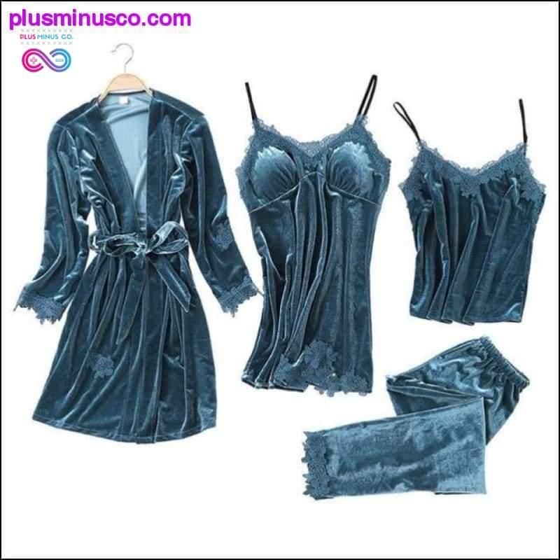 4-teiliges warmes Winter-Pyjama-Set für Damen, sexy Spitzenrobe – plusminusco.com