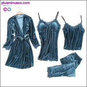 Conjuntos de pijamas de inverno quentes de 4 peças femininos robe de renda sexy - plusminusco.com
