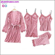 Conjuntos de pijamas de invierno cálidos de 4 piezas Bata de encaje sexy para mujer - plusminusco.com