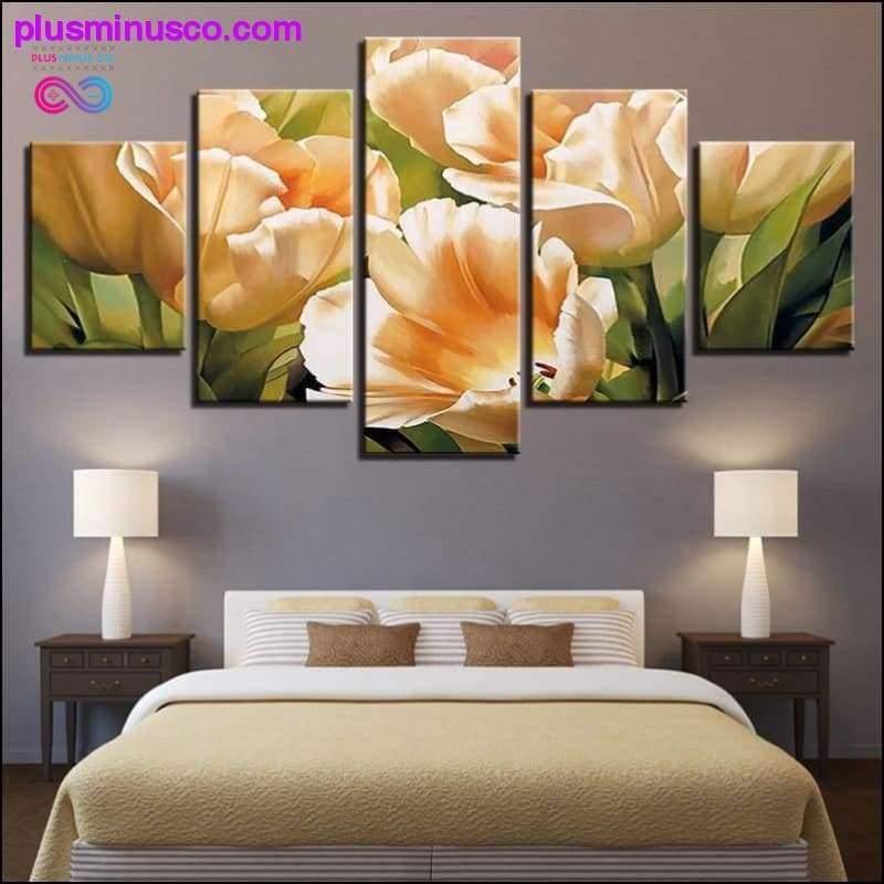 5 Pieces Canvas Champagne Tulips Flower Paintings Wall Home - plusminusco.com