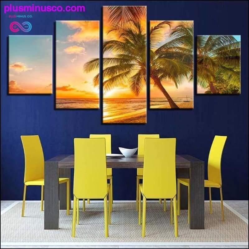 5 dalių drobės tapyba palmėmis Seascape Sunset Beach – plusminusco.com