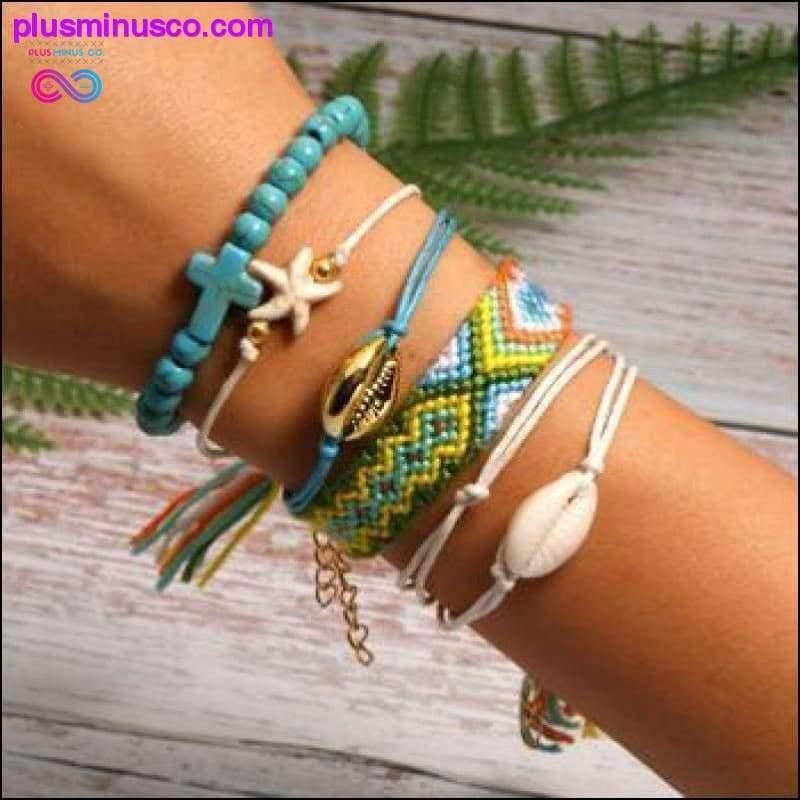 Set di 6 braccialetti con ciondoli a conchiglia Puka e perline incrociate || - plusminusco.com