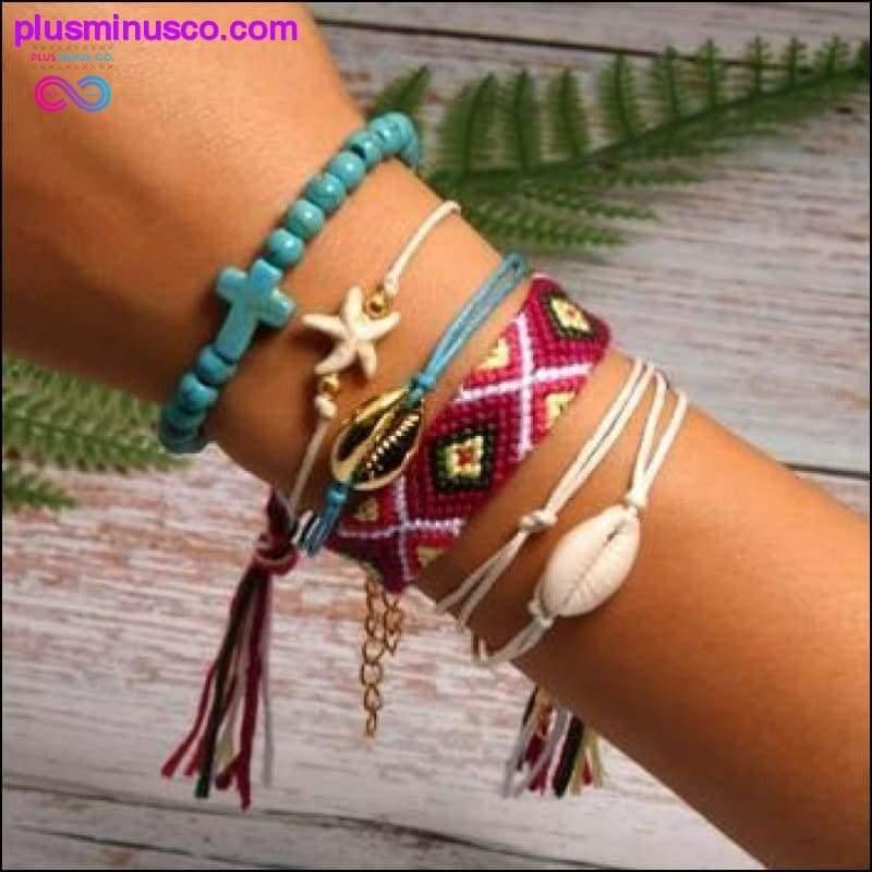 Set di 6 braccialetti con ciondoli a conchiglia Puka e perline incrociate || - plusminusco.com