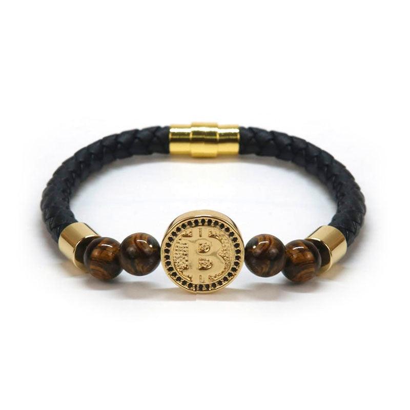 8mm Natural Tiger Eye Stone Luxury Leather Bracelets For Men Gold Color Bitcoin Bracelet Men Pulseira Masculina BT-8 - plusminusco.com