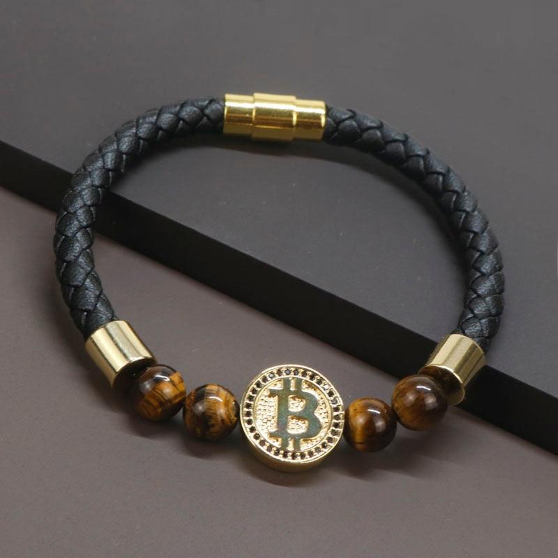 8mm Natural Tiger Eye Stone Luxury Leather Bracelets For Men Gold Color Bitcoin Bracelet Men Pulseira Masculina BT-8 - plusminusco.com
