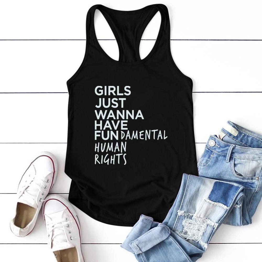 Feminist Feminism T Shirt Girls Just Wanna Have Fundamental Human Rights Letter Print T Shirt Women Short Sleeve Summer Tops Tee - plusminusco.com