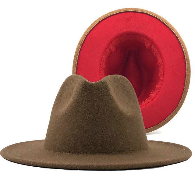 Trend marrone chiaro con fondo rosso patchwork in feltro di lana tinta unita cappelli fedora jazz uomo donna berretto da cowboy trilby panama a tesa larga per feste - Plus Minus Co.