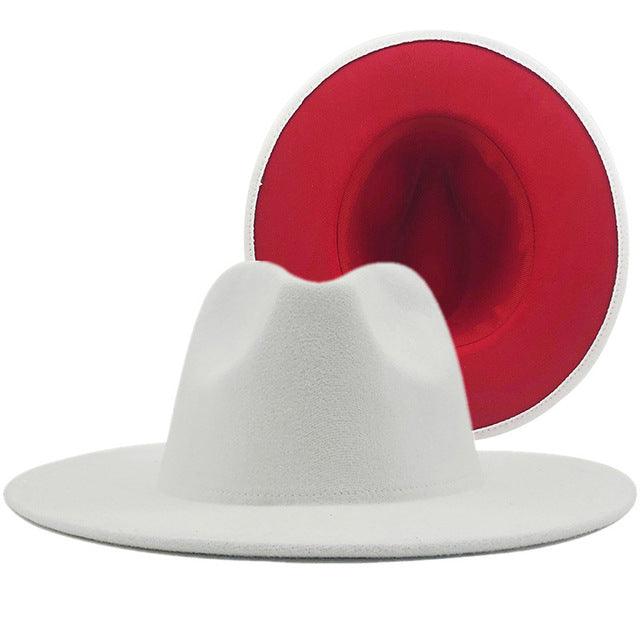 Trend marrone chiaro con fondo rosso patchwork in feltro di lana tinta unita cappelli fedora jazz uomo donna berretto da cowboy trilby panama a tesa larga per feste - Plus Minus Co.