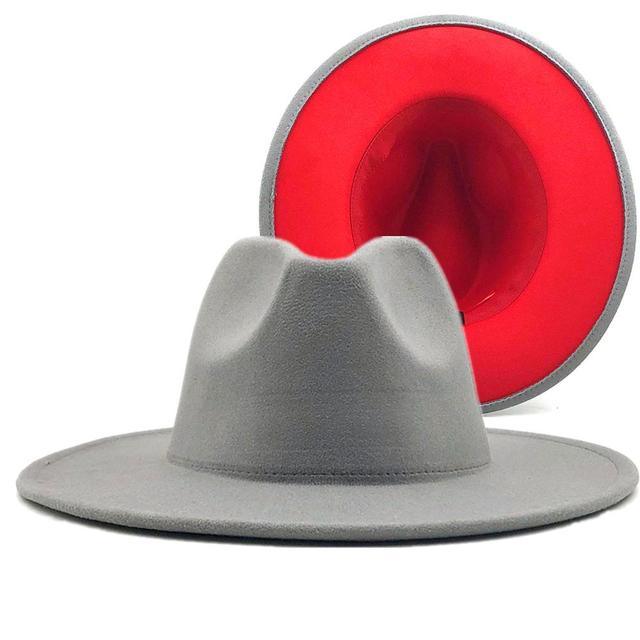 Trend Tan With Red Bottom Patchwork Plain Wool Felt Jazz Fedora Hats Men Women Wide Brim Panama Trilby Cowboy Cap For Party - plusminusco.com