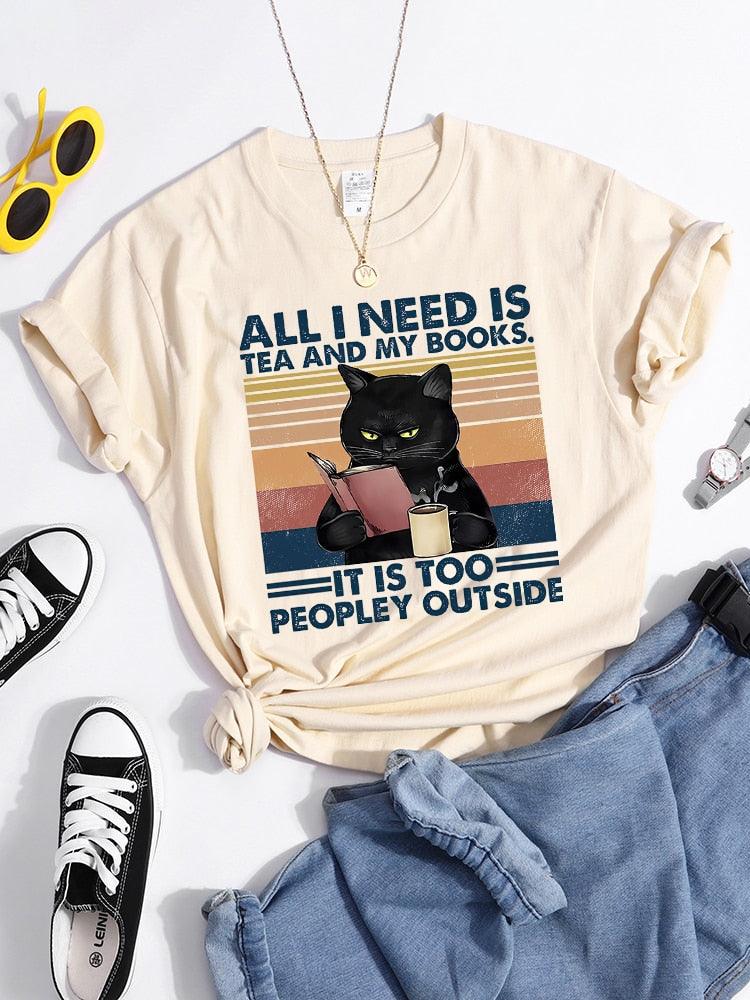 Tudo que eu preciso é chá e meus livros, é muito popular lá fora, gato preto, camiseta feminina, marca chique, tops macios, gola redonda, camisetas diárias - plusminusco.com