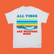 All Vibes Are Welcome Here | | Retro Sunset Waves,all vibes welcome vintage t / kindness shirt / 70s tee / mindfulness gift / hippie tops All Vibes, bee kind gratitude, positive clothing, Sunset Waves - plusminusco.com