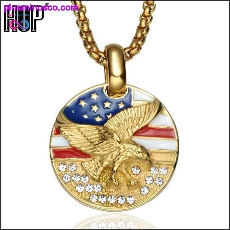 American Flag Eagle Hawk Round Gold Stainless Steel Necklace - plusminusco.com