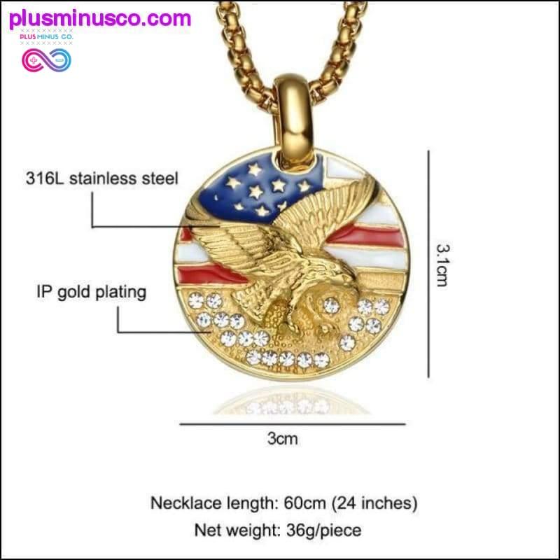 American Flag Eagle Hawk Round Gold Stainless Steel Necklace - plusminusco.com