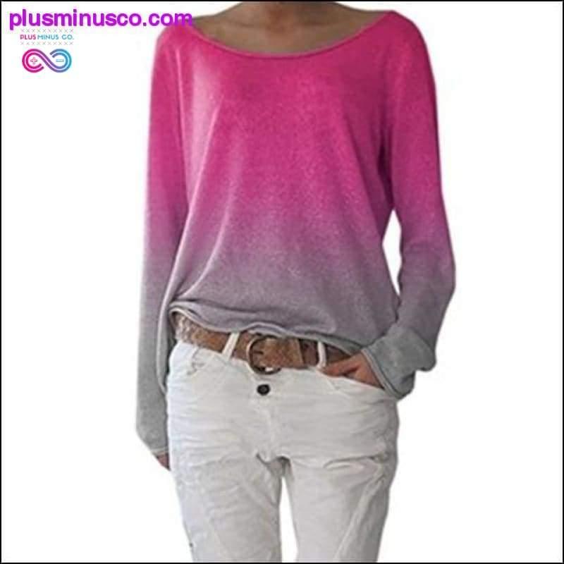 Есенна дамска тениска с дълъг ръкав и О-образно деколте със секси градиент - plusminusco.com
