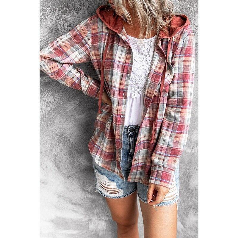 Autumn Winter Street Hooded Loose Women Plaid Shirt Jacket Turn Down Collar Long Sleeve Buttons Coat Outerwear Plus Size 3XL - plusminusco.com