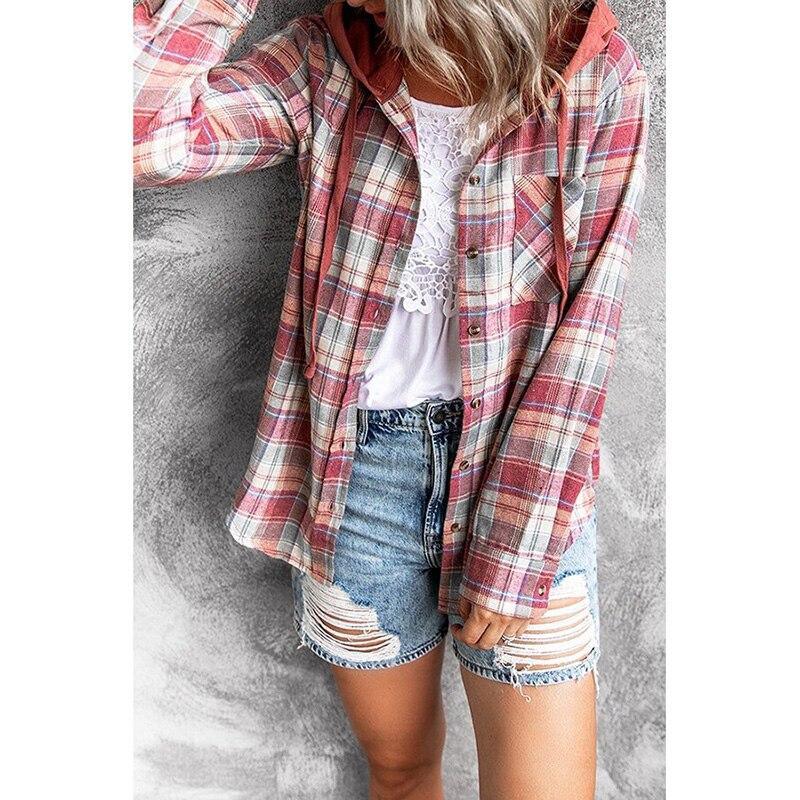 Autumn Winter Street Hooded Loose Women Plaid Shirt Jacket Turn Down Collar Long Sleeve Buttons Coat Outerwear Plus Size 3XL - plusminusco.com