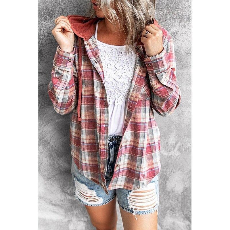 Autumn Winter Street Hooded Loose Women Plaid Shirt Jacket Turn Down Collar Long Sleeve Buttons Coat Outerwear Plus Size 3XL - plusminusco.com
