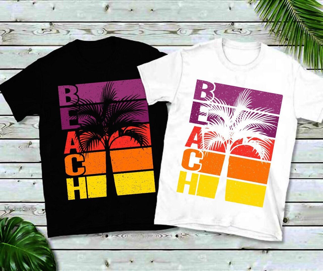 Paplūdimio palmių medžiai Horizontalios juostelės su saulėlydžiu iškirpti nelaimingi marškinėliai - plusminusco.com