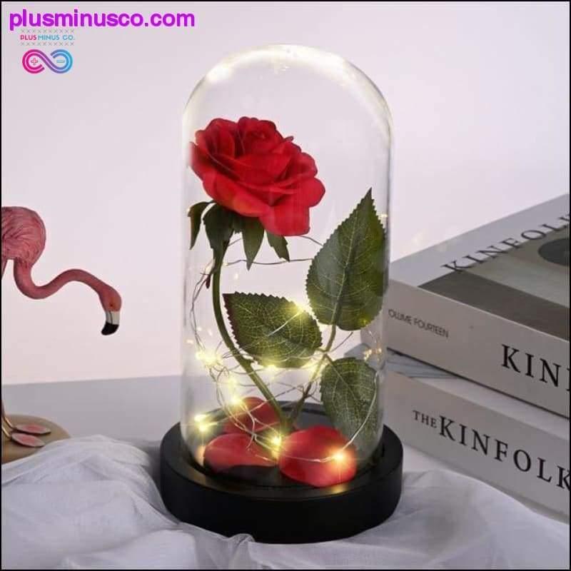 Kráska a zviera Červená ruža v sklenenej kupole s LED svetlom - plusminusco.com