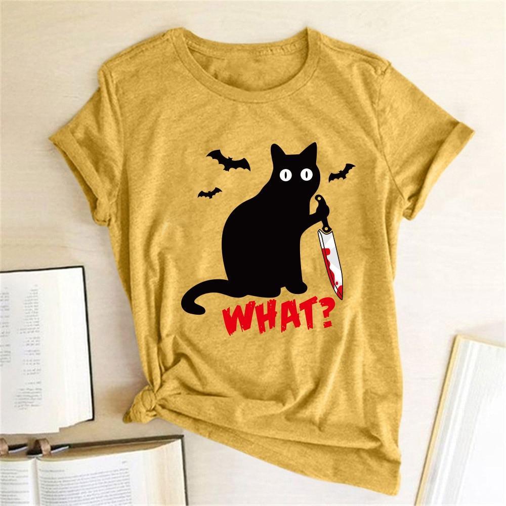 Black Cat What Tshirt Murderous Cat Knife Women Funny - plusminusco.com